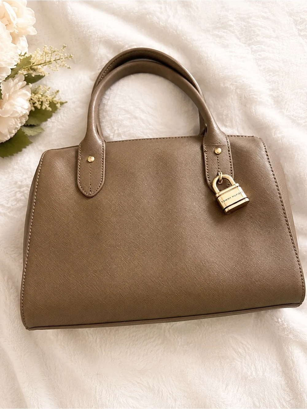 Tommy Hilfiger Olive-Taupe Saffiano Satchel with Gold Padlock